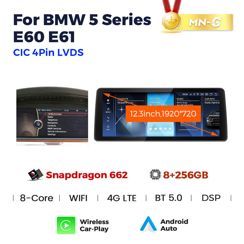 BMW 3 & 5 Series (E60 E90) CIC CCC Wireless CarPlay & Android Auto 12.3inch Touch Screen Multimedia Display Upgrade